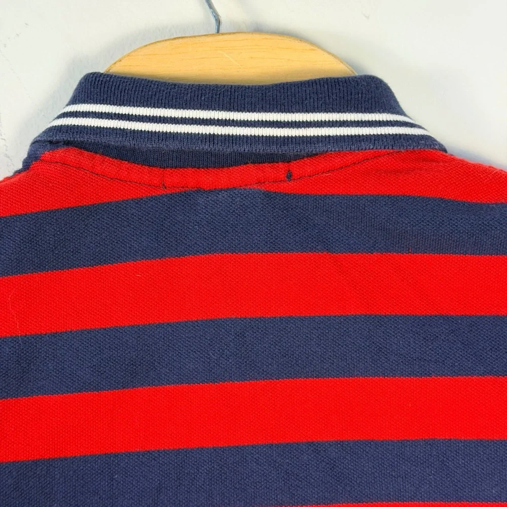 Vintage Polo Ralph Lauren Polo Shirt Mens M Red Blue Striped Cotton Short Sleeve